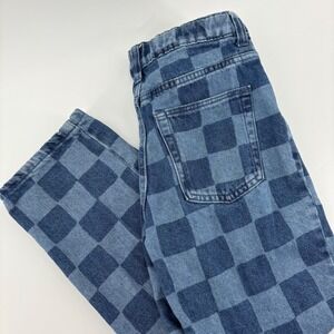 H&M Kids Girls 8 Blue Checkered Denim Loose‎ Ankle Jeans Loose Fit Skater Retro